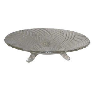 Vintage Clear 10" Glass Serving Bowl Swirl Spiral Pattern 3 Toed Footed Pedestal